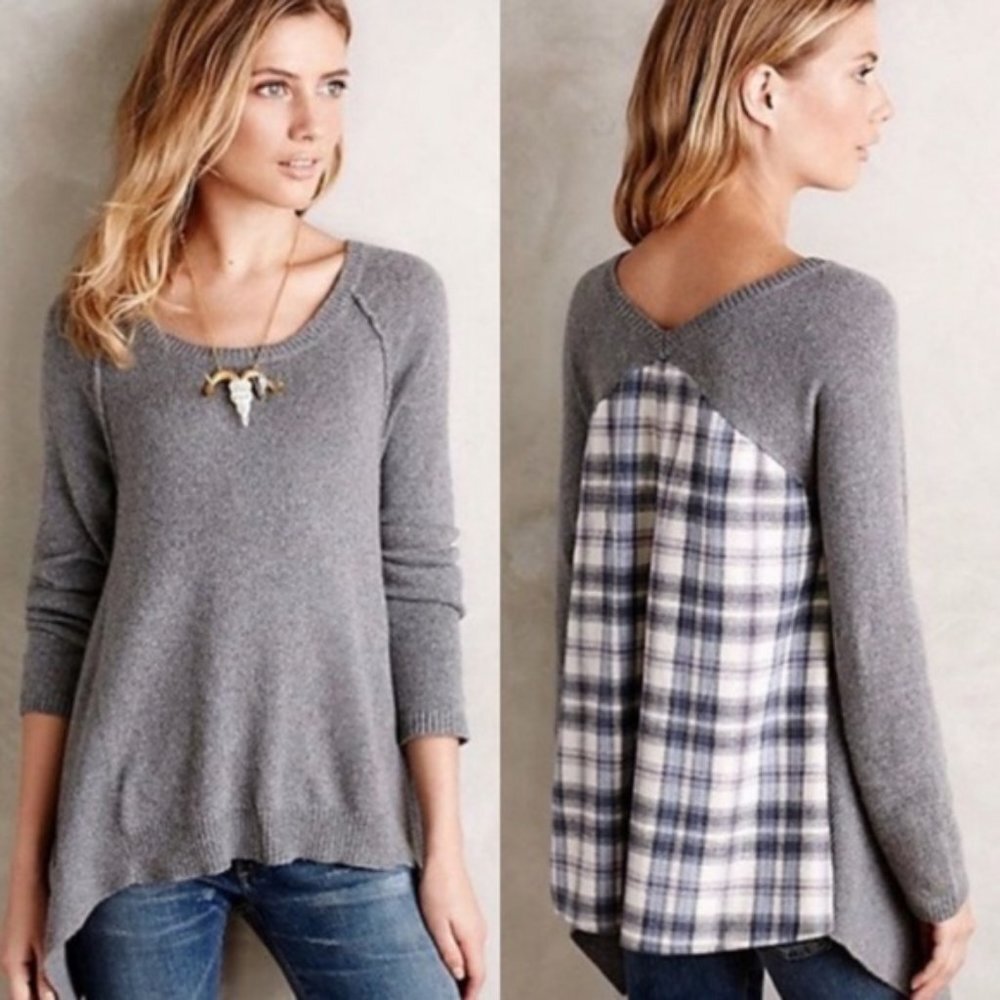 Anthropologie Moth Octubre Cashmere Blend Grey Plaid Asymmetric Hem Sweater Xs